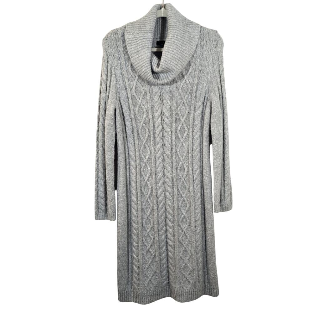 Y Talbots Cableknit Sweater Dress Size M Grey Silver Metallic Shimmer Cowl Neck
